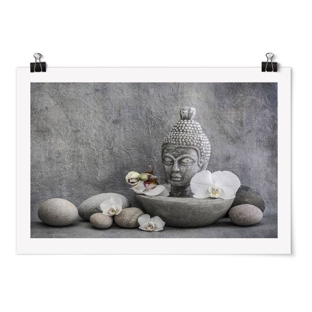 Poster - Zen Buddha, Orchideen und Steine - Querformat 2:3