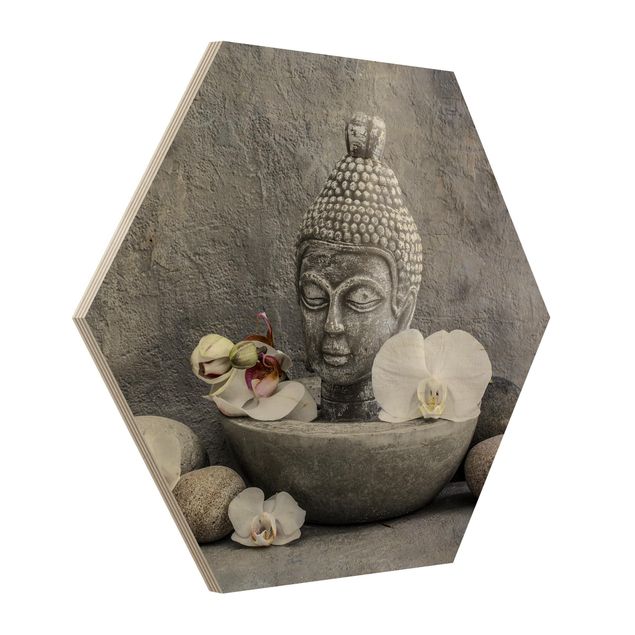 Hexagon Bild Holz - Zen Buddha, Orchideen und Steine