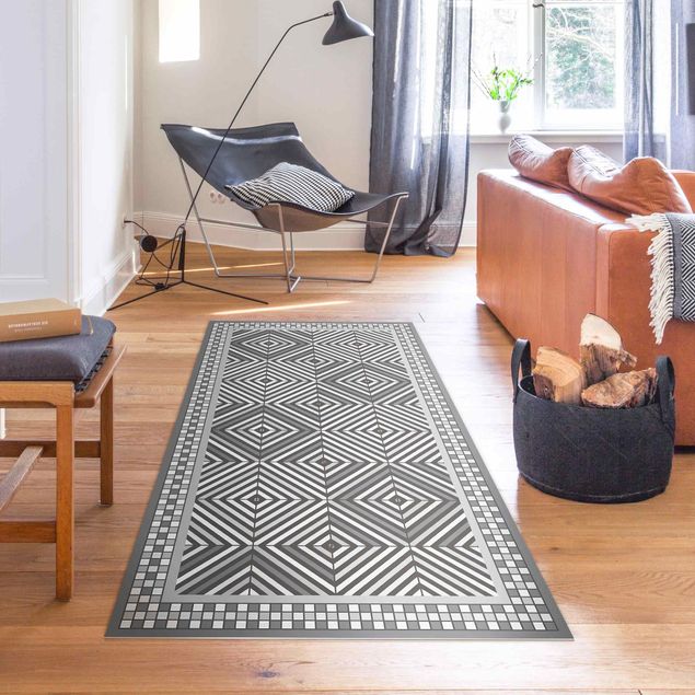 Outdoor Teppich Geometrische Fliesen Strudel Grau mit schmalem Mosaikrahmen