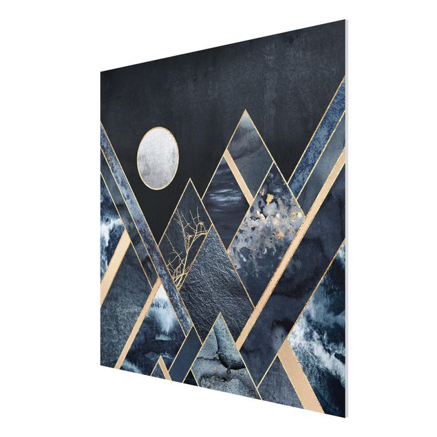 Forex Fine Art Print - Goldener Mond abstrakte schwarze Berge - Quadrat 1:1