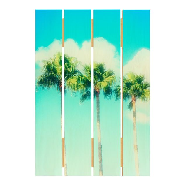Holzbild - Palmen vor Himmel Blau - Hochformat 3:2