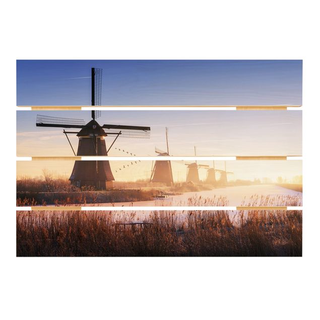 Holzbild - Windmühlen von Kinderdijk - Querformat 2:3