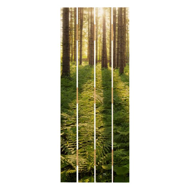 Holzbild - Sonnenstrahlen in grünem Wald - Hochformat 5:2