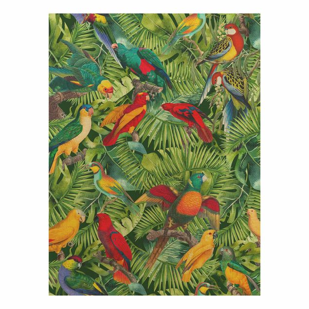 Holzbild - Bunte Collage - Papageien im Dschungel - Hochformat 4:3
