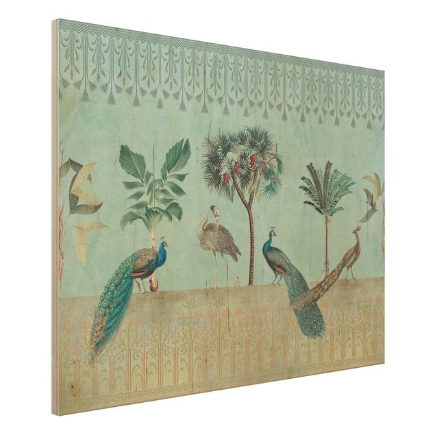 Holzbild - Vintage Collage - Tropische Vögel mit Palmen - Querformat 3:4