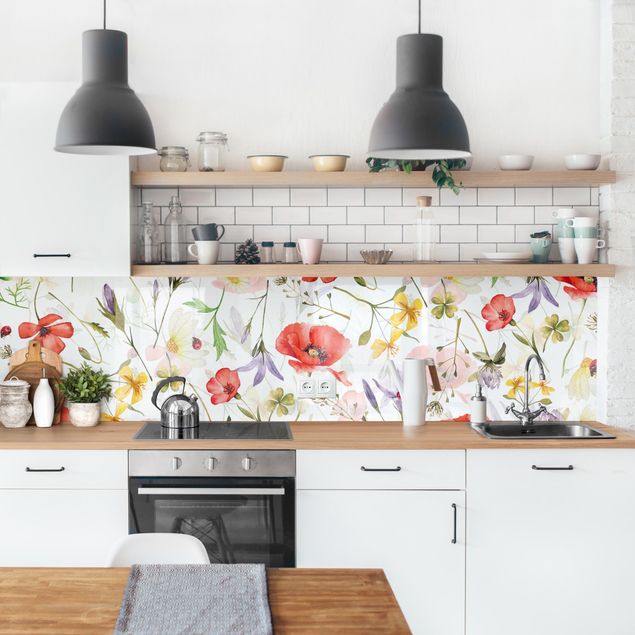 Küchenrückwand - Marienkäfer mit Mohn als Aquarell