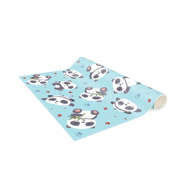 Teppich modern Süße Pandabären mit Tapsen und Herzen Pastellblau
