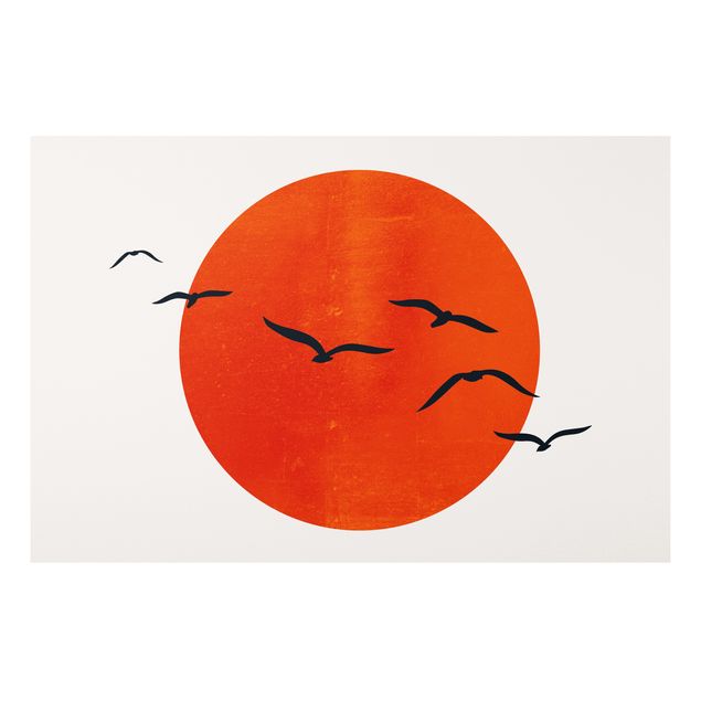 Forex Fine Art Print - Vogelschwarm vor roter Sonne I - Querformat 2:3