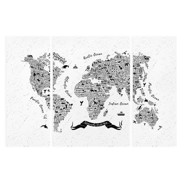 Leinwandbild 3-teilig - Typografie Welkarte weiß - Tryptichon