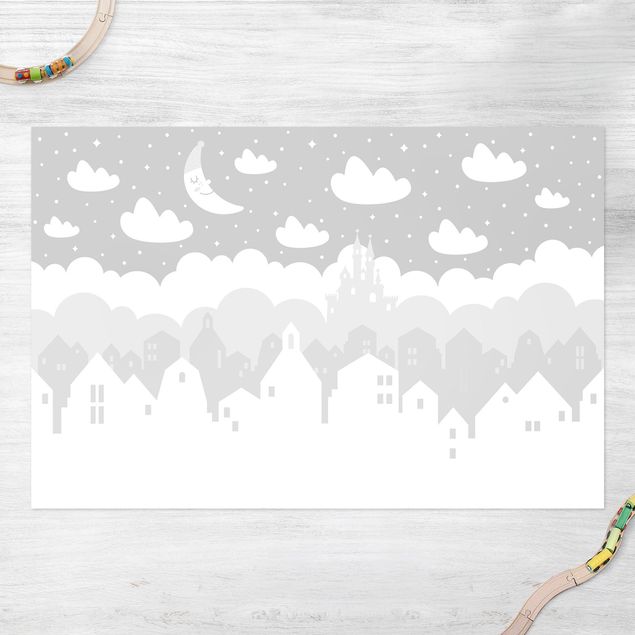 outdoor-teppich wetterfest Sternenhimmel mit Häusern und Mond in grau
