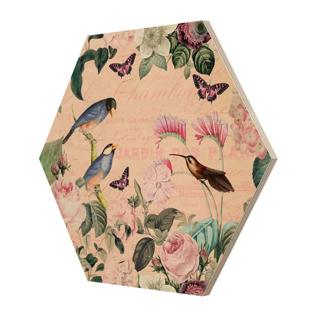 Hexagon Bild Holz - Vintage Collage - Rosen und Vögel