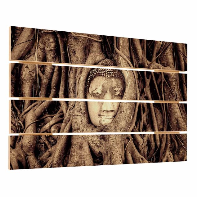 Holzbild - Buddha in Ayutthaya von Baumwurzeln gesäumt in Braun - Querformat 2:3