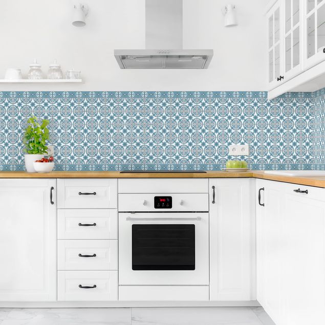 Küchenrückwand - Geometrischer Fliesenmix Kreise Blaugrau