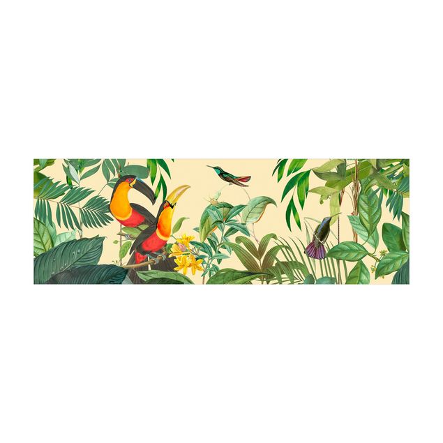 Türkiser Teppich Vintage Collage - Vögel im Dschungel