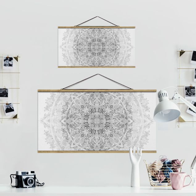 Stoffbild mit Posterleisten - Mandala Aquarell Ornament Muster schwarz weiß - Querformat 2:1