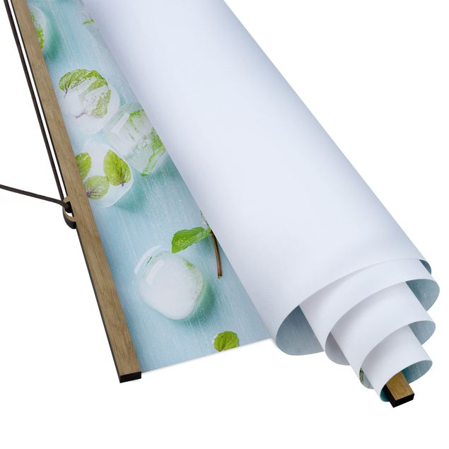 Stoffbild mit Posterleisten - Eiswürfel mit Minzblättern - Querformat 2:1