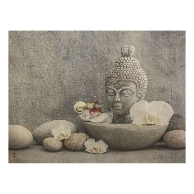 Holzbild - Zen Buddha, Orchideen und Steine - Querformat 3:4