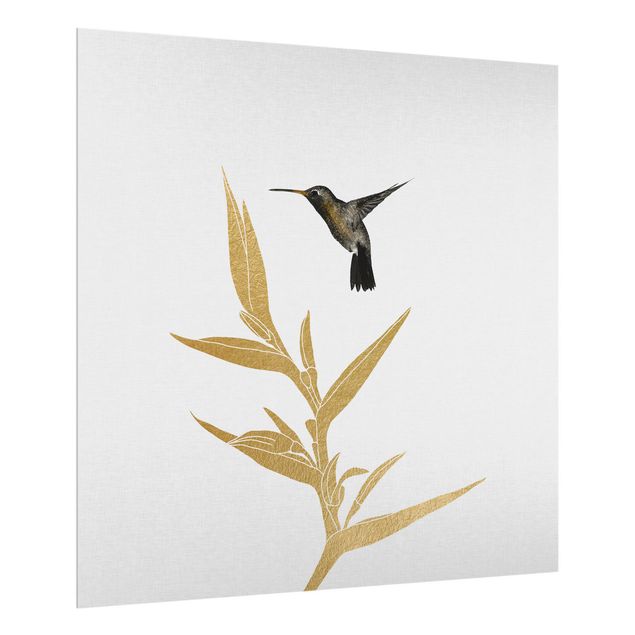 Spritzschutz Glas - Kolibri und tropische goldene Blüte II - Quadrat 1:1