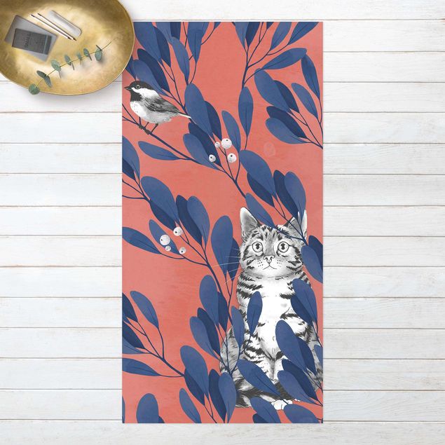teppich für balkon Illustration Katze und Vogel auf Ast Blau Rot