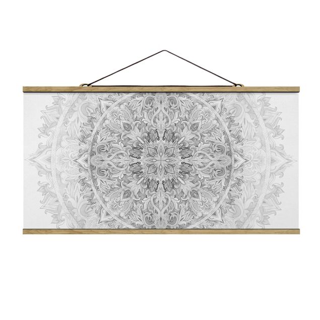 Stoffbild mit Posterleisten - Mandala Aquarell Ornament Muster schwarz weiß - Querformat 2:1