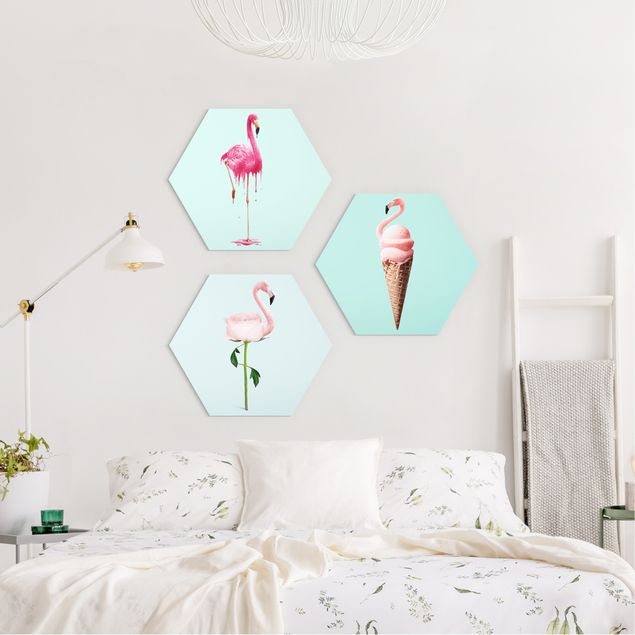 Hexagon Bild Alu-Dibond 3-teilig - Jonas Loose - Flamingo Set