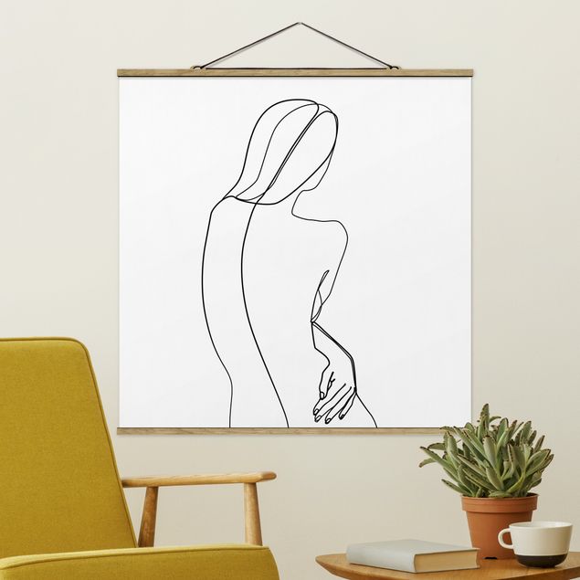 Stoffbild mit Posterleisten - Line Art Rücken Frau Schwarz Weiß - Quadrat 1:1