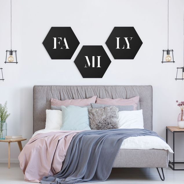 Hexagon Bild Alu-Dibond 3-teilig - Buchstaben FAMILY Weiß Set I