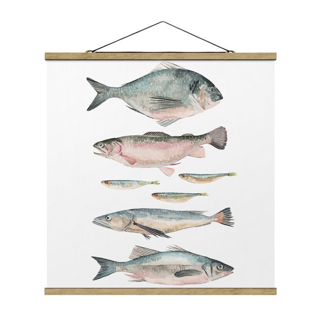 Stoffbild mit Posterleisten - Sieben Fische in Aquarell II - Quadrat 1:1