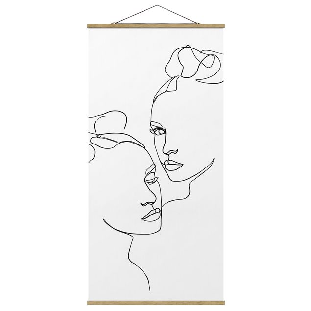 Stoffbild mit Posterleisten - Line Art Gesichter Frauen Schwarz Weiß - Hochformat 1:2