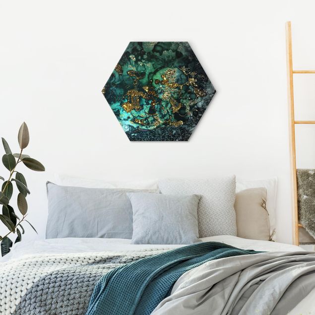 Hexagon Bild Alu-Dibond - Goldene Meeres-Inseln Abstrakt