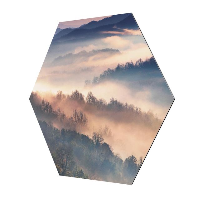 Hexagon Bild Alu-Dibond - Nebel bei Sonnenuntergang