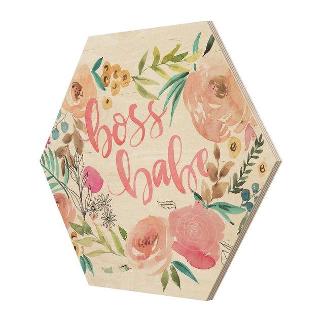 Hexagon Bild Holz - Rosa Blüten - Boss Babe