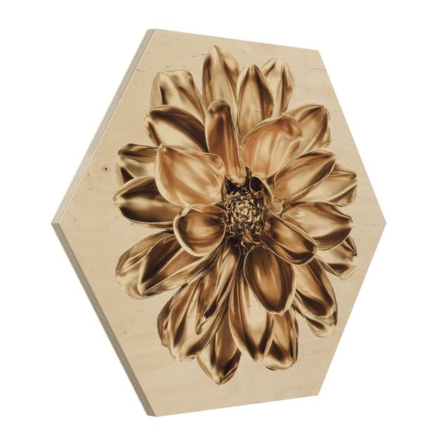 Hexagon Bild Holz - Dahlie Blume Gold Metallic