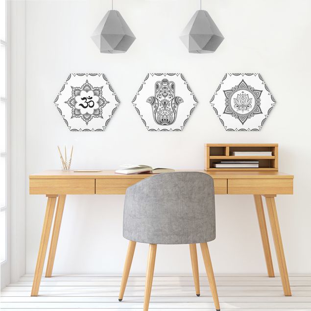 Hexagon Bild Alu-Dibond 3-teilig - Hamsa Hand Lotus OM Illustration Set Schwarz Weiß