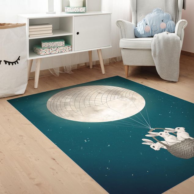 Türkiser Teppich Illustration Hasen Mond-Heißluftballon Sternenhimmel
