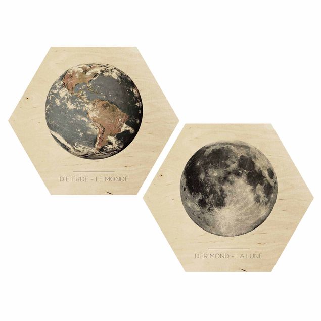 Hexagon Bild Holz 2-teilig - Mond und Erde