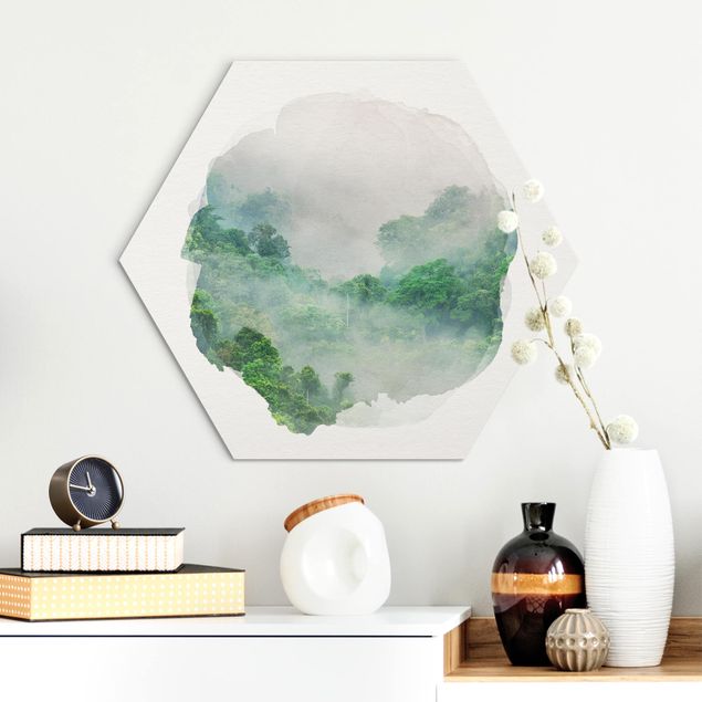 Hexagon Bild Alu-Dibond - Wasserfarben - Dschungel im Nebel