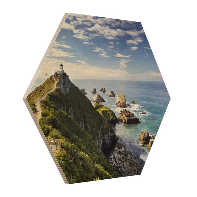 Hexagon Bild Holz - Nugget Point Leuchtturm und Meer Neuseeland