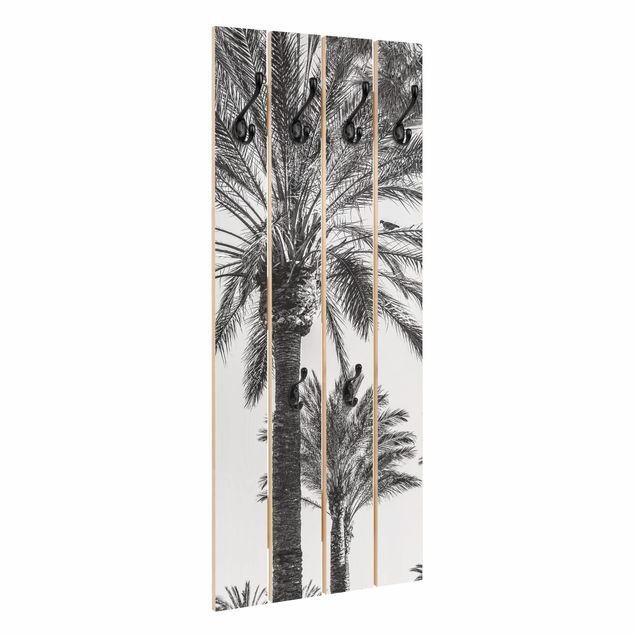 Wandgarderobe Holz - Palmen im Sonnenuntergang Schwarz-Weiß - Haken chrom Hochformat