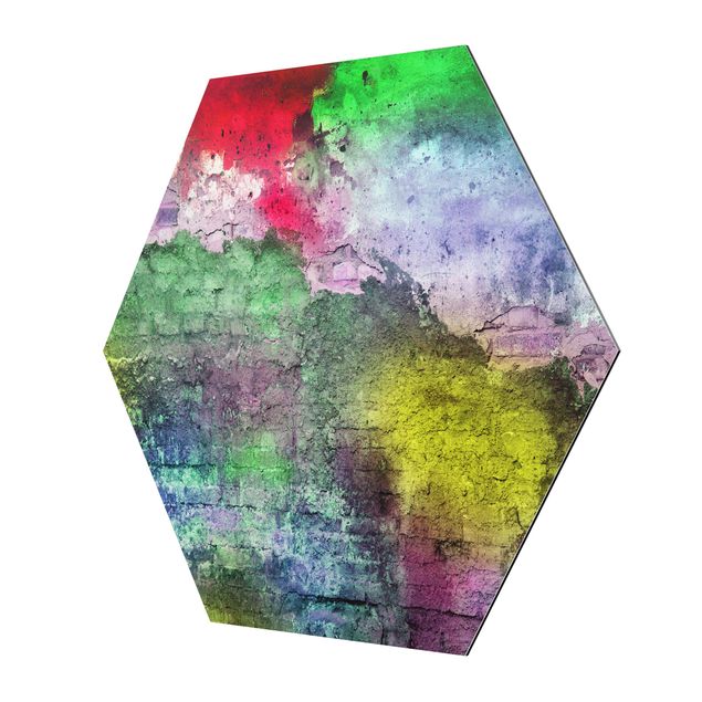 Hexagon Bild Alu-Dibond - Bunte besprühte alte Wand aus Backstein