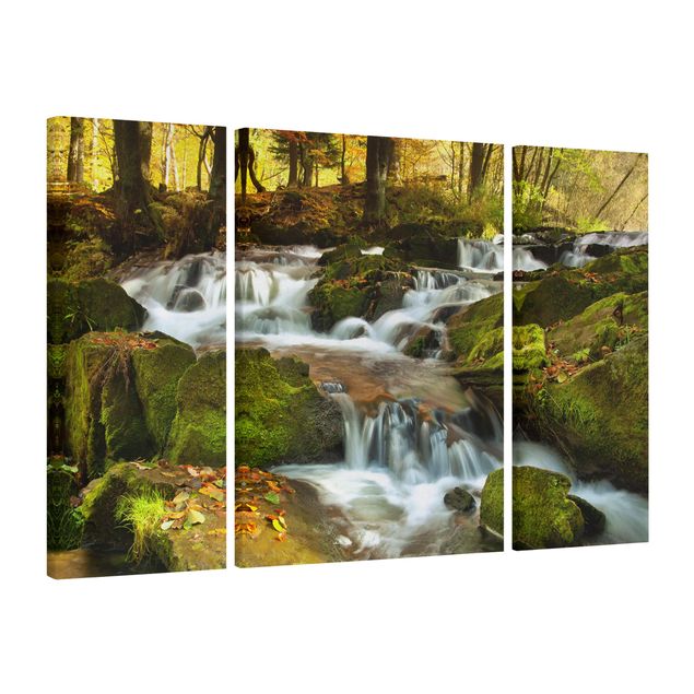 Leinwandbild 3-teilig - Wasserfall herbstlicher Wald - Triptychon