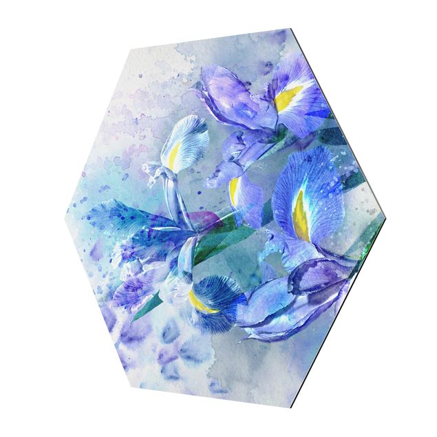 Hexagon Bild Alu-Dibond - Aquarell Blumen Iris