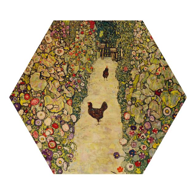 Hexagon Bild Holz - Gustav Klimt - Gartenweg mit Hühnern