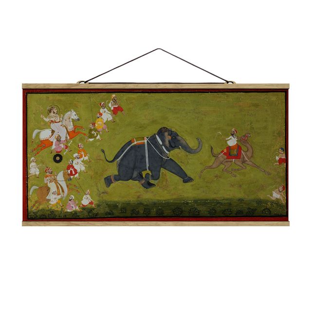 Stoffbild mit Posterleisten - Indisch - Maharaja Jagat Singh verfolgt fliehenden Elefanten - Querformat 2:1
