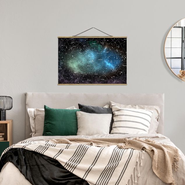 Stoffbild mit Posterleisten - Sternbilder Karte Galaxienebel - Querformat 3:2
