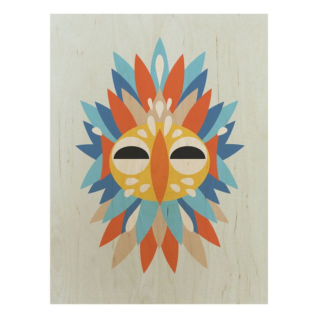 Holzbild - Collage Ethno Maske - Papagei - Hochformat 4:3