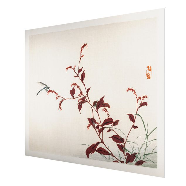 Aluminium Print gebürstet - Asiatische Vintage Zeichnung Roter Zweig mit Libelle - Querformat 3:4