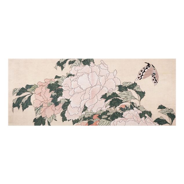 Spritzschutz Glas - Katsushika Hokusai - Rosa Pfingstrosen mit Schmetterling - Panorama - 5:2