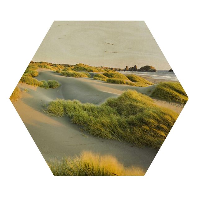 Hexagon Bild Holz - Dünen und Gräser am Meer