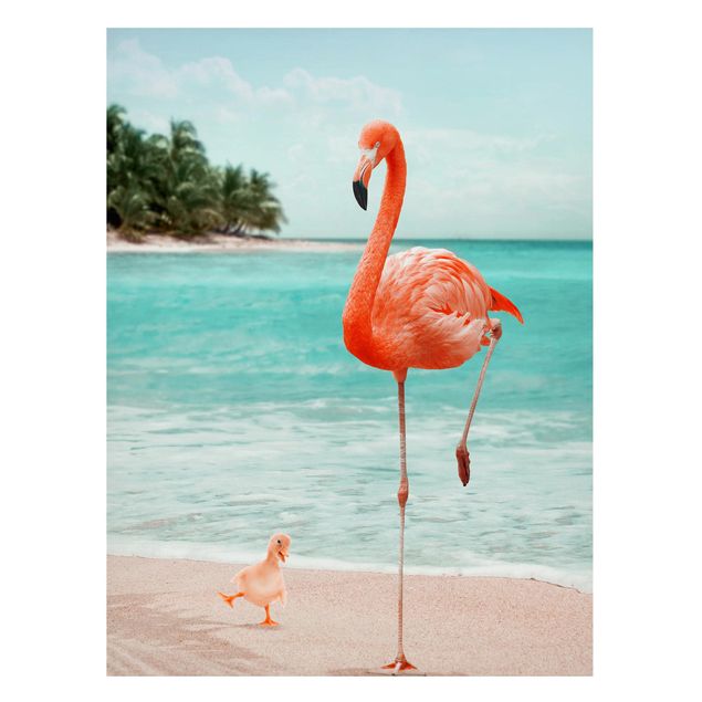 Magnettafel - Jonas Loose - Strand mit Flamingo - Memoboard Hochformat 4:3